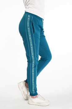 Lee Cooper, Pantaloni sport cu snur si benzi logo laterale, Albastru petrol, XS Lee Cooper, Pantaloni sport cu snur si benzi logo laterale, Albastru petrol, XS