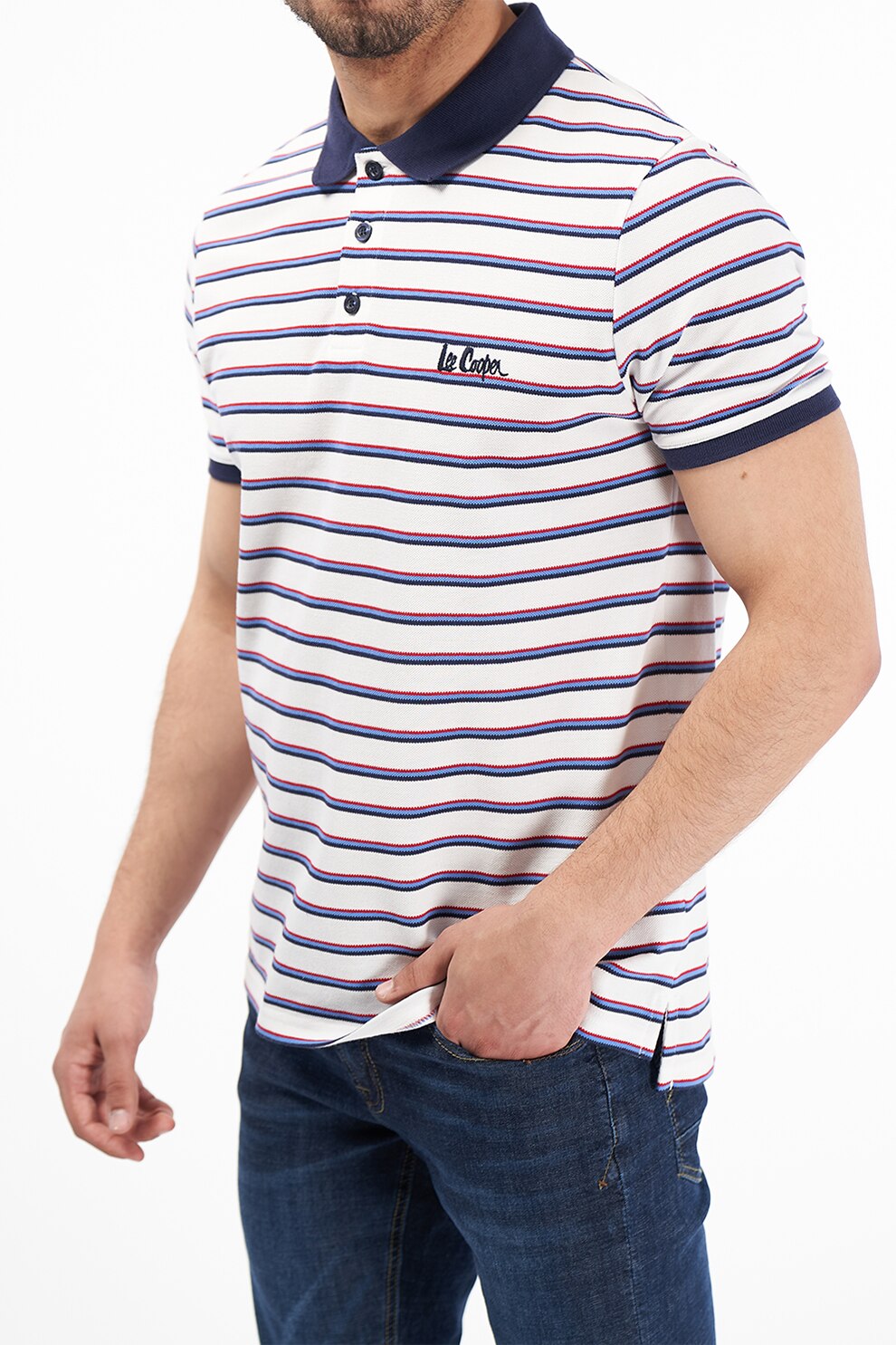 Lee Cooper, Tricou polo de bumbac cu dungi, Alb/Bleumarin/Rosu, S