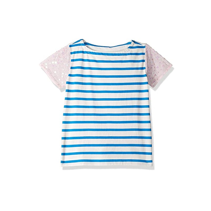 Tricou pentru copii Look by crewcuts, Dungi, Paiete roz pe maneci, Alb/albastru, Alb/Albastru