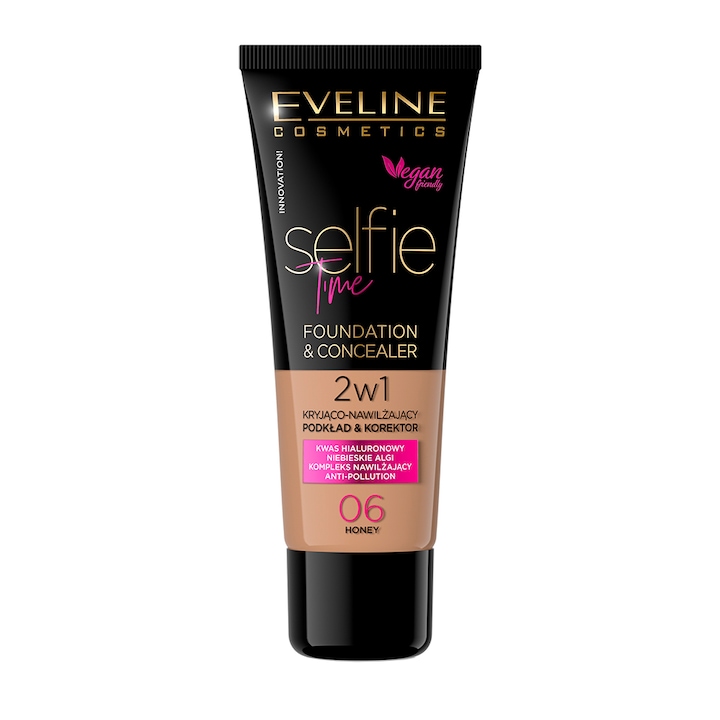 Eveline Selfie Time 2in1 Foundation & Concealer hosszan tartó make-up 2az 1-ben 06 Honey 30 ml