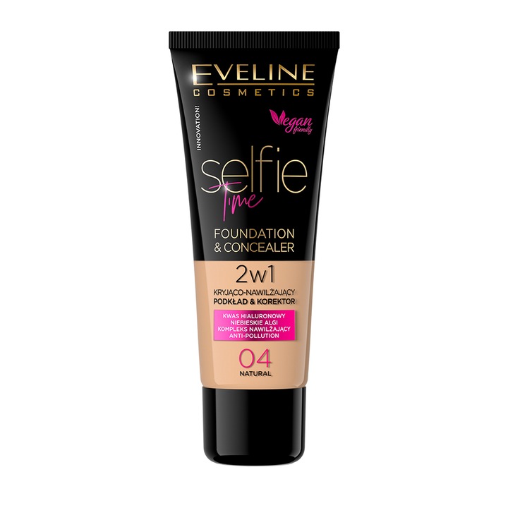 Eveline Selfie Time 2in1 Foundation & Concealer hosszan tartó make-up 2az 1-ben 04 Natural 30 ml