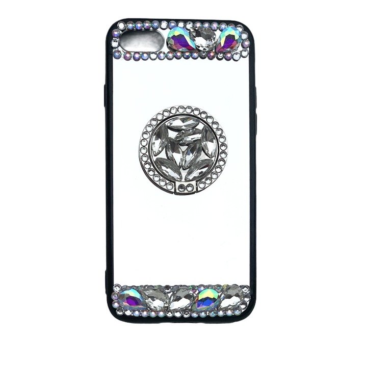 Husa din silicon model Oglinda cu Inel si Pietricele albe pentru iPhone SE 2020