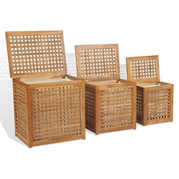 Set de 3 cosuri de rufe, vidaXL, Lemn de tec, 62 x 46 x 63 cm, Maro Set de 3 cosuri de rufe, vidaXL, Lemn de tec, 62 x 46 x 63 cm, Maro