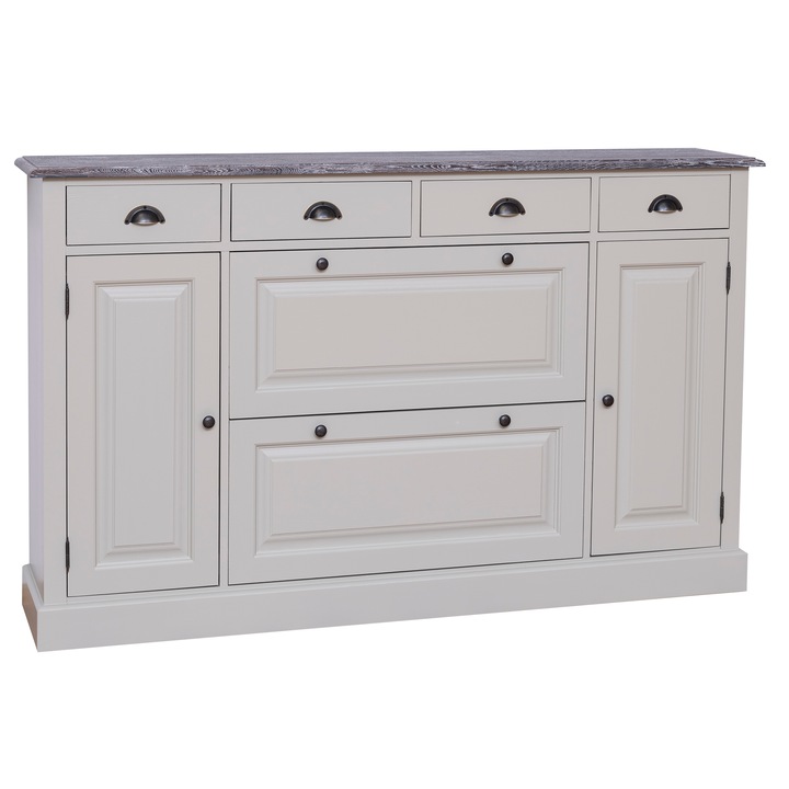 Comoda Szel-Mob hol cu 4 usi, 4 sertare, blat stejar, culoare top gri inchis, culoare corp gri, dublu color, 100% lemn masiv, 176x105x35 cm