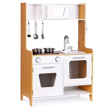 Bucatarie pentru copii, Ecotoys, cu efecte de lumina si sunet, accesorii, lemn, alb/maro, 90 cm Bucatarie pentru copii, Ecotoys, cu efecte de lumina si sunet, accesorii, lemn, alb/maro, 90 cm