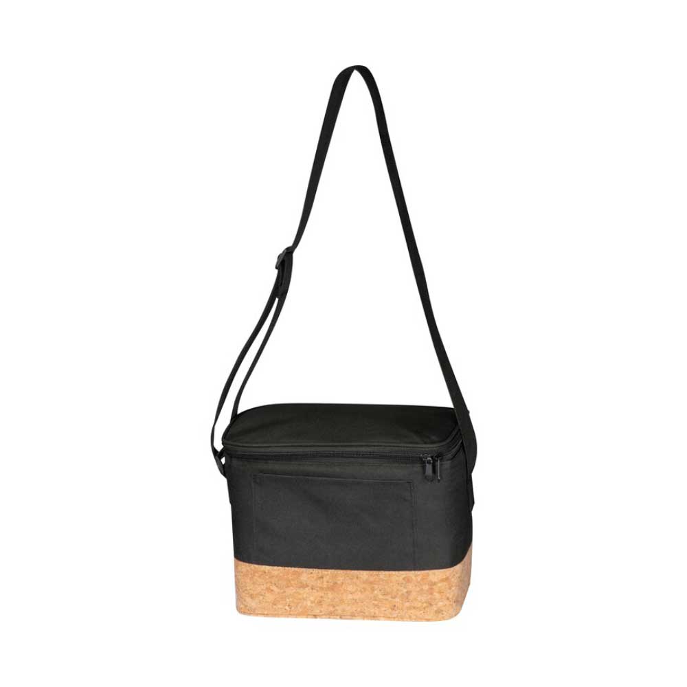 Geanta termoizolanta pentru 6 doze, Poliester negru cu baza din pluta, Piksel, breloc bec cu lumina inclus