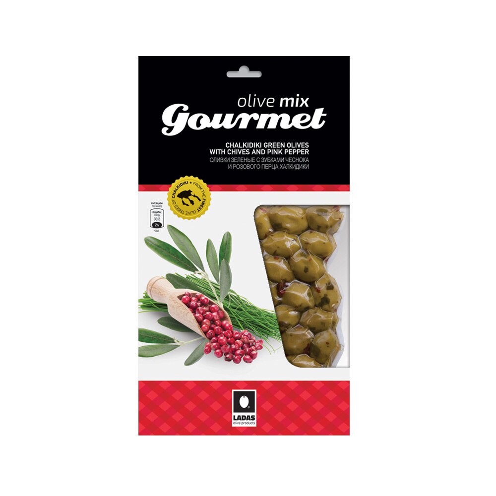 Masline verzi marinate cu arpagic si piper roz, Ladas, 250g