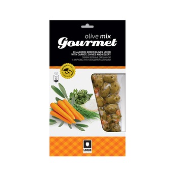 Masline verzi marinate cu morcov si arpagic, Ladas, 250g Masline verzi marinate cu morcov si arpagic, Ladas, 250g