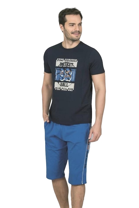Férfi pamut pizsama, normál méretállású, rövid ujjú kereknyakú nyomott mintás tengerészkék felső,kobaltkék térdnadrág,XL