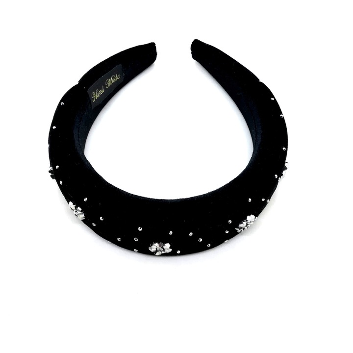 Diadema crisandahandmade, negru/argintiu, bufanta, cu cristale de sticla si margele Preciosa, cusute manual