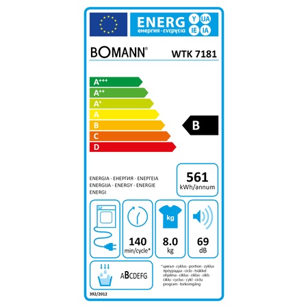 Uscator de rufe Bomann, WTK 7181, capacitate 8 kg, 13 programe, consum redus de energie, filtru scame, functie anti-cute, display LED, alb