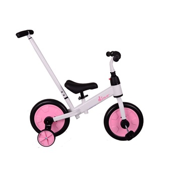 Bicicleta Dino 4 in 1 cu pedale detasabile si maner parental, alb/roz Bicicleta Dino 4 in 1 cu pedale detasabile si maner parental, alb/roz