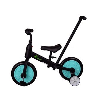 Bicicleta Dino 4 in 1 cu pedale detasabile si maner parental, negru/turcoaz Bicicleta Dino 4 in 1 cu pedale detasabile si maner parental, negru/turcoaz