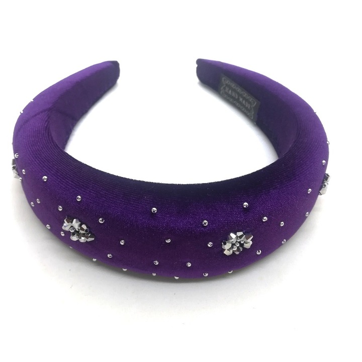 Diadema crisandahandmade, mov/argintiu, bufanta, cu cristale de sticla si margele Preciosa, cusute manual