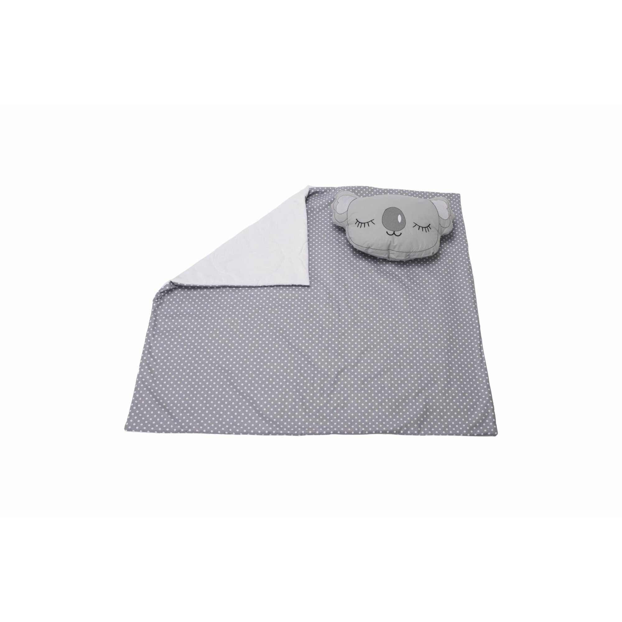 Set pentru bebelusi Somnart, paturica 100x110cm brodata si perna, model Urs Koala, gri