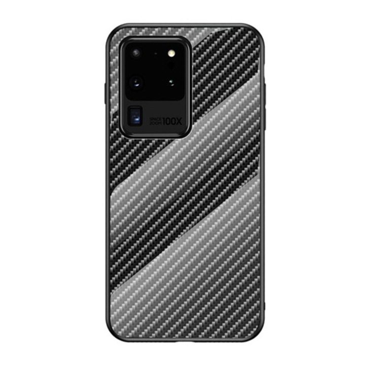 Gigapack szilikon mobiltelefon tok, ütésállóság, üveg hátlap, karbon minta, fekete, kompatibilis: Samsung Galaxy S20 Ultra 5G, SM-G988B, / Galaxy S20 Ultra, SM-G988F