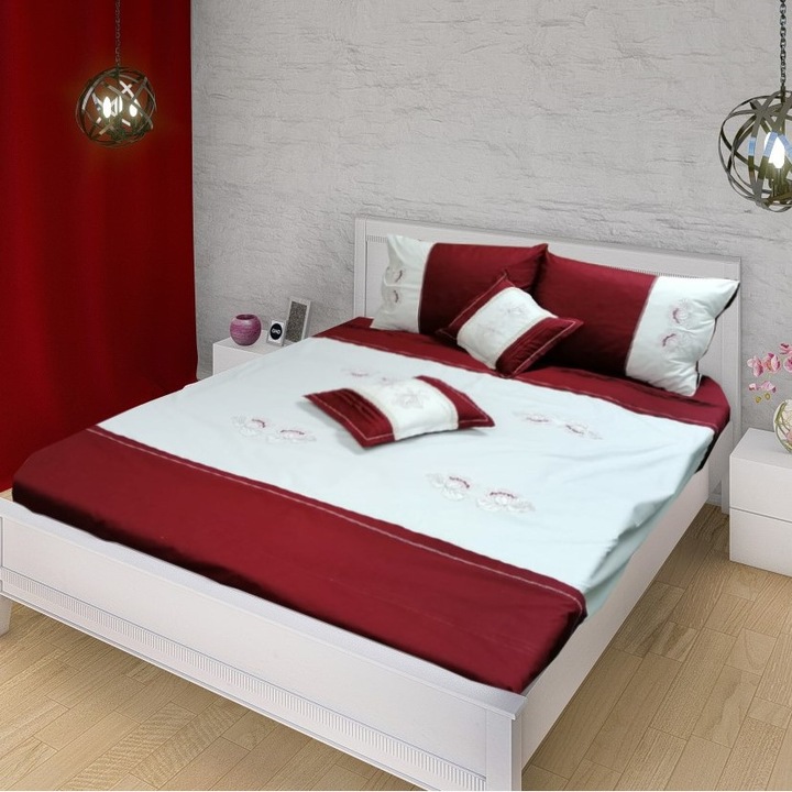 Lenjerie pat Iris, broderie, 8 piese, bordo/ivoar, bumbac 100% (1 husa pilota 240 x 220, 1 cearsaf pat 280 x 300, 4 x husa de perna 50 x 70, 2 x huse de perne decorative 45 x 45)