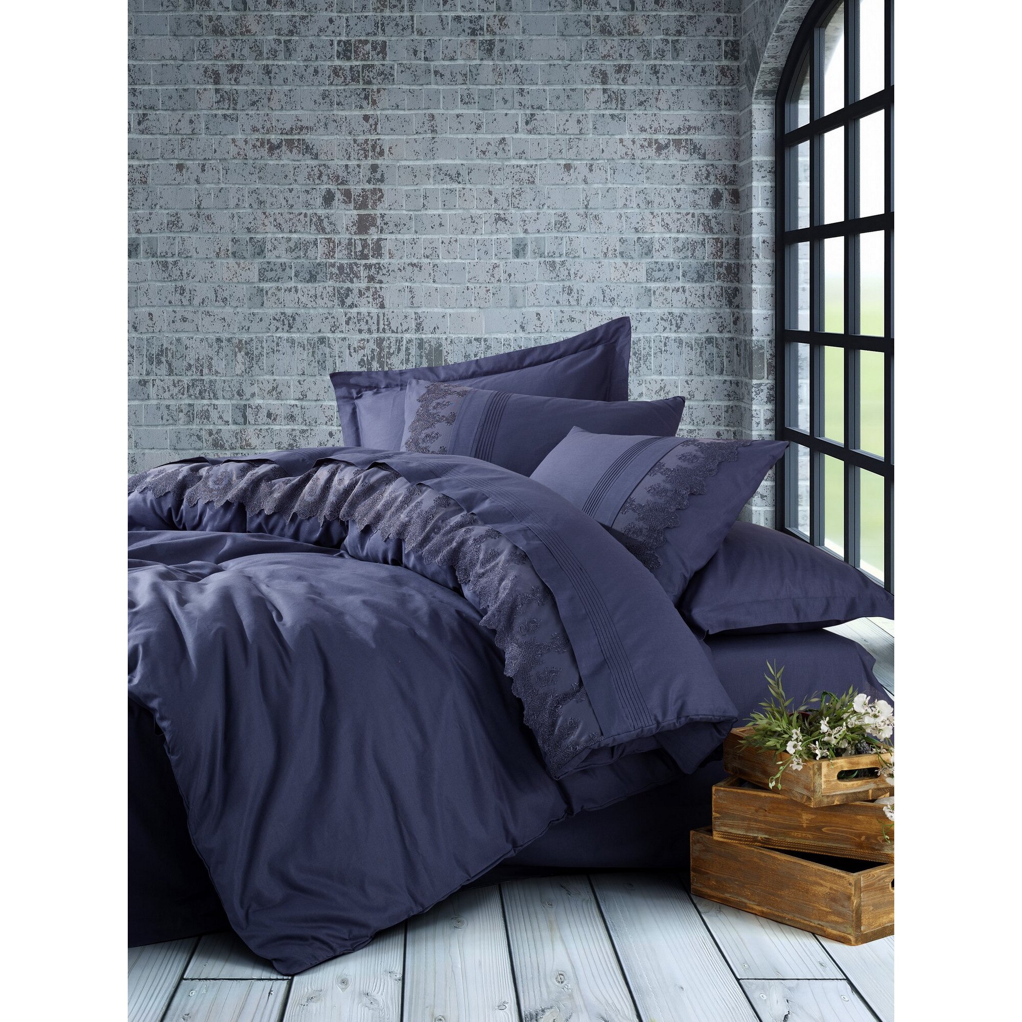 Lenjerie de pat dublu de lux cu dantela, bumbac 100% ranforce, 6 piese, Cotton Box, Enzo Dark Blue (Bleumarin)