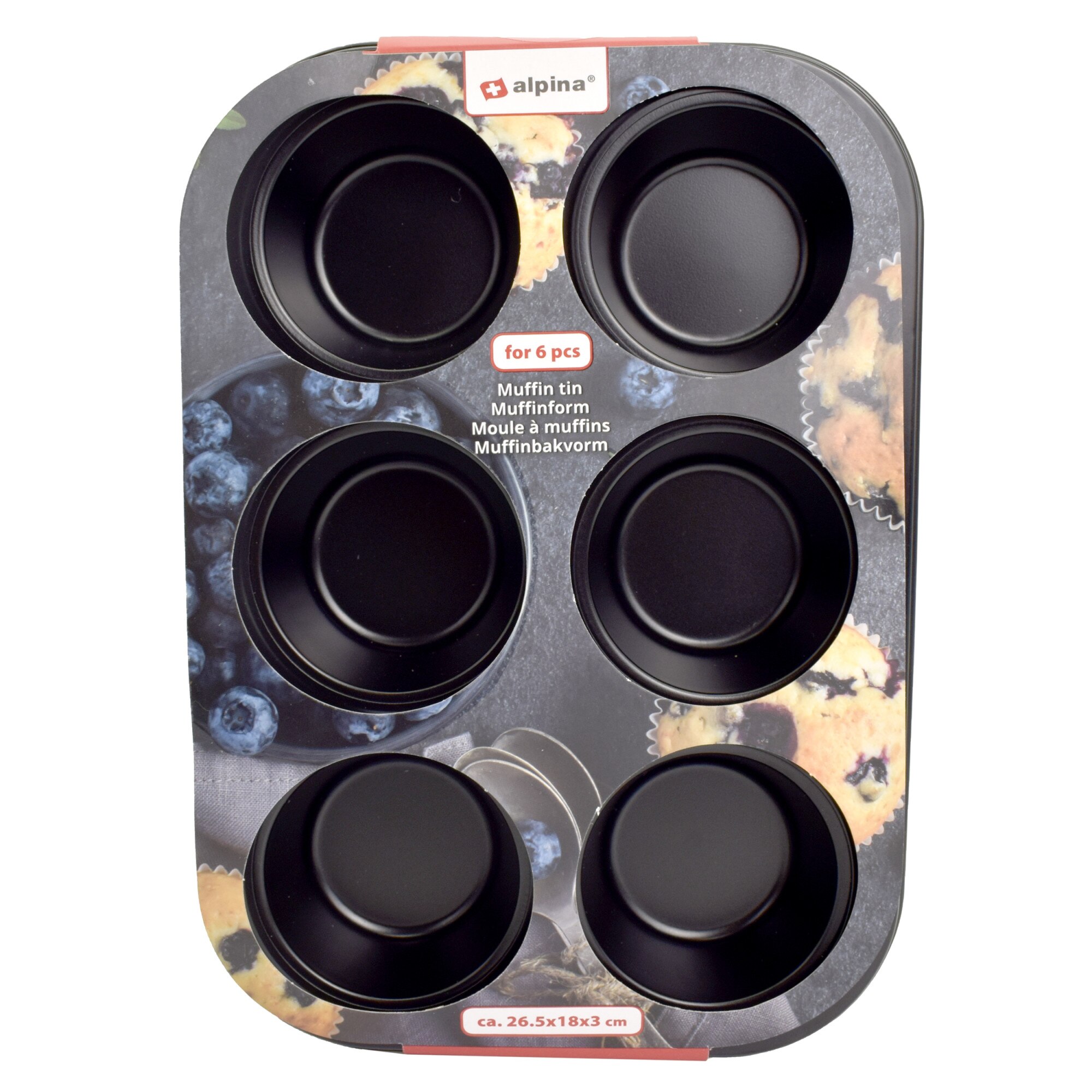 Tava de copt briose cu 6 forme, Alpina, negru, 26.5x18x3 cm