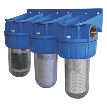 Filtre de apa TITAN 3 x 7” cu ¾” in linie pentru filtrare mecanica cu 3 cartuse filtrante - nylon + polipropilena + carbune activ Filtre de apa TITAN 3 x 7” cu ¾” in linie pentru filtrare mecanica cu 3 cartuse filtrante - nylon + polipropilena + carbune activ