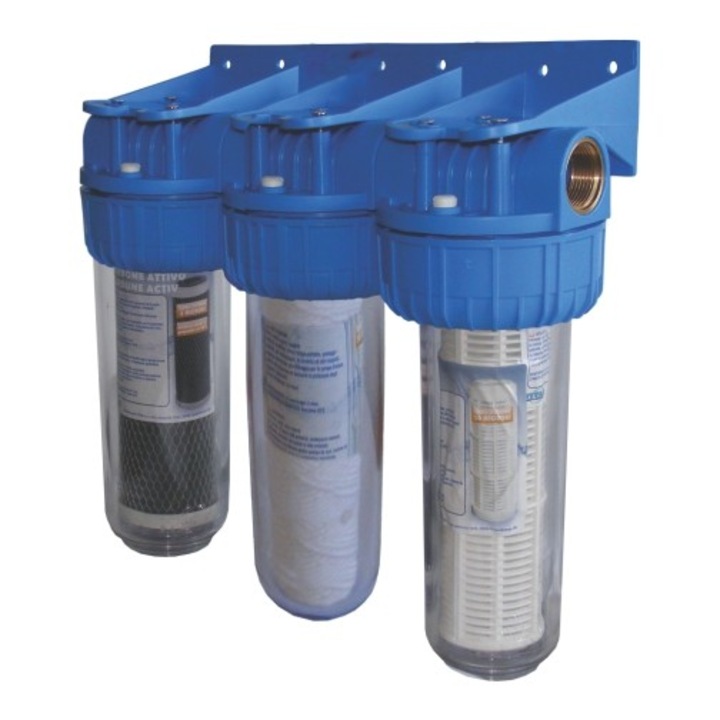 Filtre de apa TITAN 3 x 10” cu 1” in linie pentru filtrare mecanica cu 3 cartuse filtrante - nylon + polipropilena + carbune activ