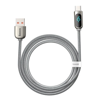 Cablu de date, Baseus, CATSK-05, USB la USB-C, Fast Charge, 40 W, 5 A, Display afisaj tensiune, Lungime 1 m, Argintiu, Tip snur din nailon Cablu de date, Baseus, CATSK-05, USB la USB-C, Fast Charge, 40 W, 5 A, Display afisaj tensiune, Lungime 1 m, Argintiu, Tip snur din nailon