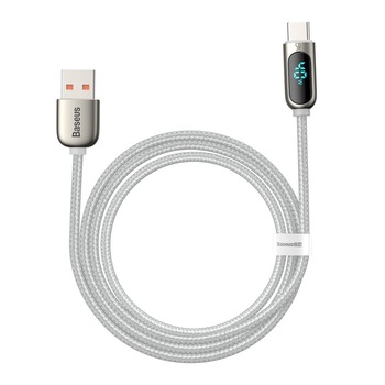 Cablu de date, Baseus, CATSK-02, USB la USB-C, Fast Charge, 40 W, 5 A, Display afisaj tensiune, Lungime 1 m, Alb, Tip snur din nailon Cablu de date, Baseus, CATSK-02, USB la USB-C, Fast Charge, 40 W, 5 A, Display afisaj tensiune, Lungime 1 m, Alb, Tip snur din nailon