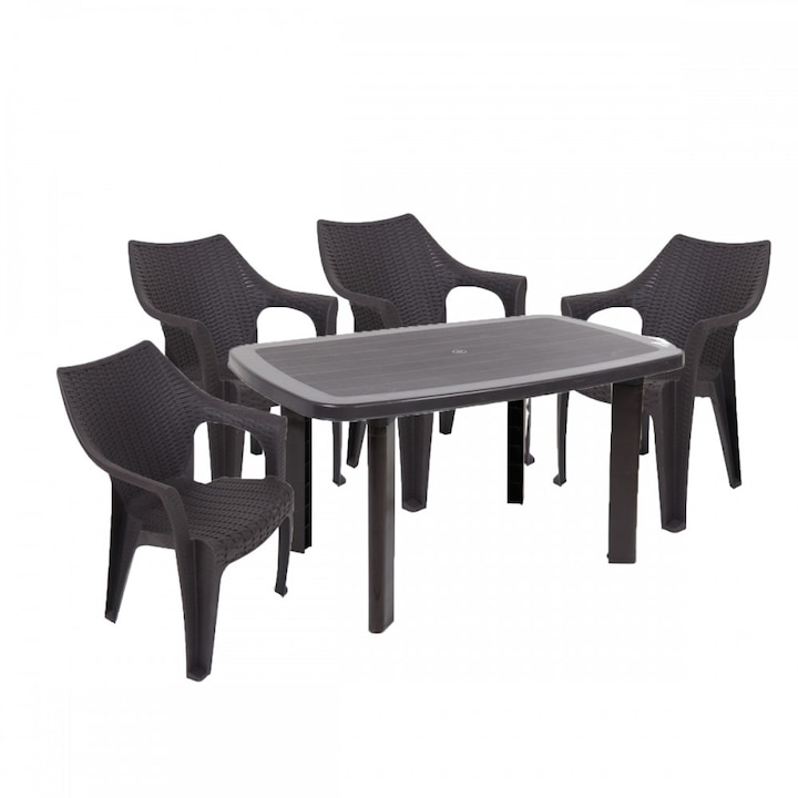 Santorini II New 4 személyes kerti bútor szett, antracit-barna asztallal, 4 db Tavira rattan székkel