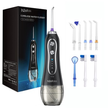 Irigator Oral Profesional Portabil pentru dus bucal FunVita™ H20floss, 5 Moduri de Lucru, 300 ml, portabil, Rezistent la apa, acumulator de 2500mAh, 110 Psi, 1200 pulsatii/minut, Negru, 8 duze incluse Irigator Oral Profesional Portabil pentru dus bucal FunVita™ H20floss, 5 Moduri de Lucru, 300 ml, portabil, Rezistent la apa, acumulator de 2500mAh, 110 Psi, 1200 pulsatii/minut, Negru, 8 duze incluse