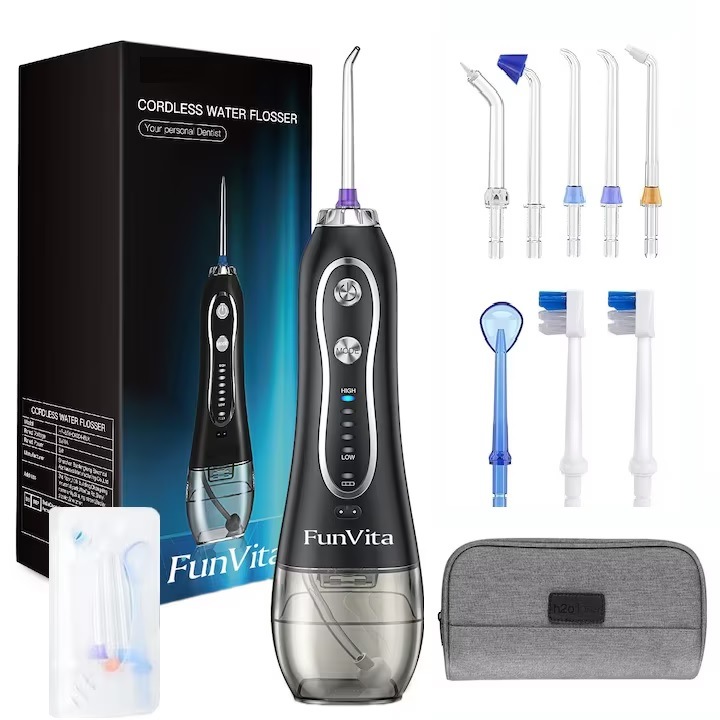 Зъбен душ FunVitа, H20floss, Професионален преносим орален иригатор, 5 режима, 300мл, 2500 mAh батерия, 110 psi, 1200 пулсации/минута, 8 дюзи включени, Черен