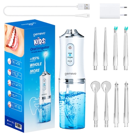 Irigator oral pentru dus bucal, Gemevo® Kids, Ultra-Portabil, 8 Capete Curatare, Rezervor 220 ml, Alb