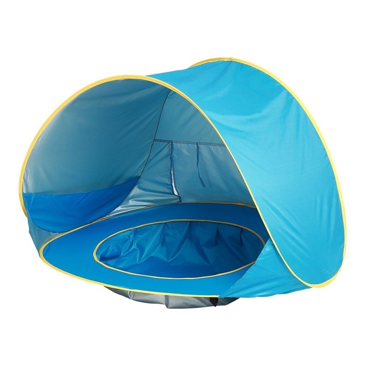 Преносима лятна бебешка палатка, водоустойчив навес на плажа, с басейн, UPF 50+ UV защита, деца 3-48 месеца, (синя)