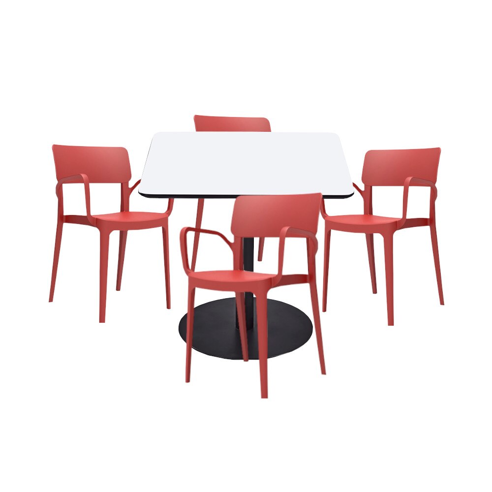 Set mobilier dining bucatarie RAKI masa patrata cu blat MDF melaminat 80x80x75cm cu 4 scaune Panora rosii