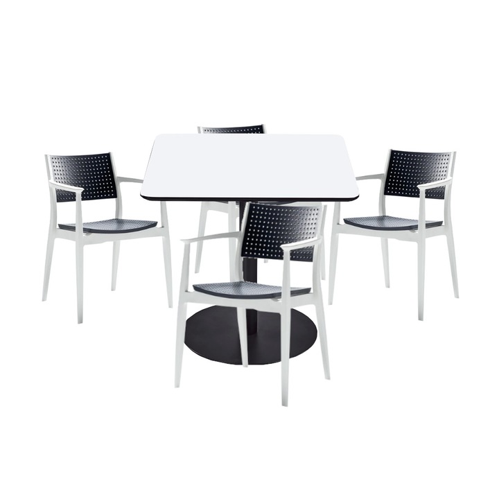 Set mobilier dining bucatarie RAKI masa patrata cu blat MDF melaminat 80x80x75cm cu 4 scaune SEGINIUS alb antracit