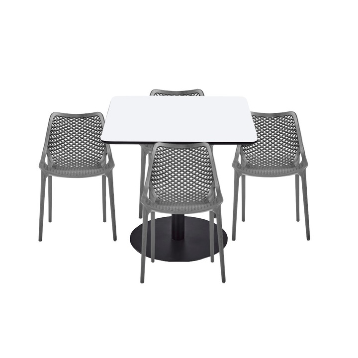 Set mobilier dining bucatarie RAKI masa patrata cu blat MDF melaminat 80x80x75cm cu 4 scaune LONDON AIR gri