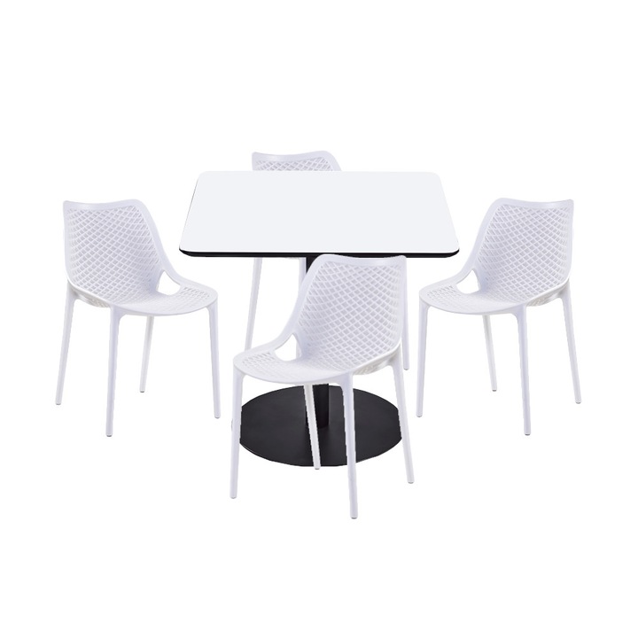 Set mobilier dining bucatarie RAKI masa patrata cu blat MDF melaminat 80x80x75cm cu 4 scaune LONDON AIR albe