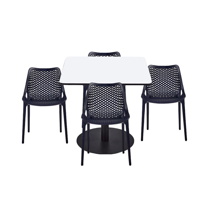 Set mobilier dining bucatarie RAKI masa patrata cu blat MDF melaminat 80x80x75cm cu 4 scaune LONDON AIR negre