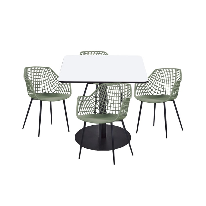 Set mobilier dining bucatarie RAKI masa patrata cu blat MDF melaminat 80x80x75cm cu 4 scaune TOYAMA verde negru