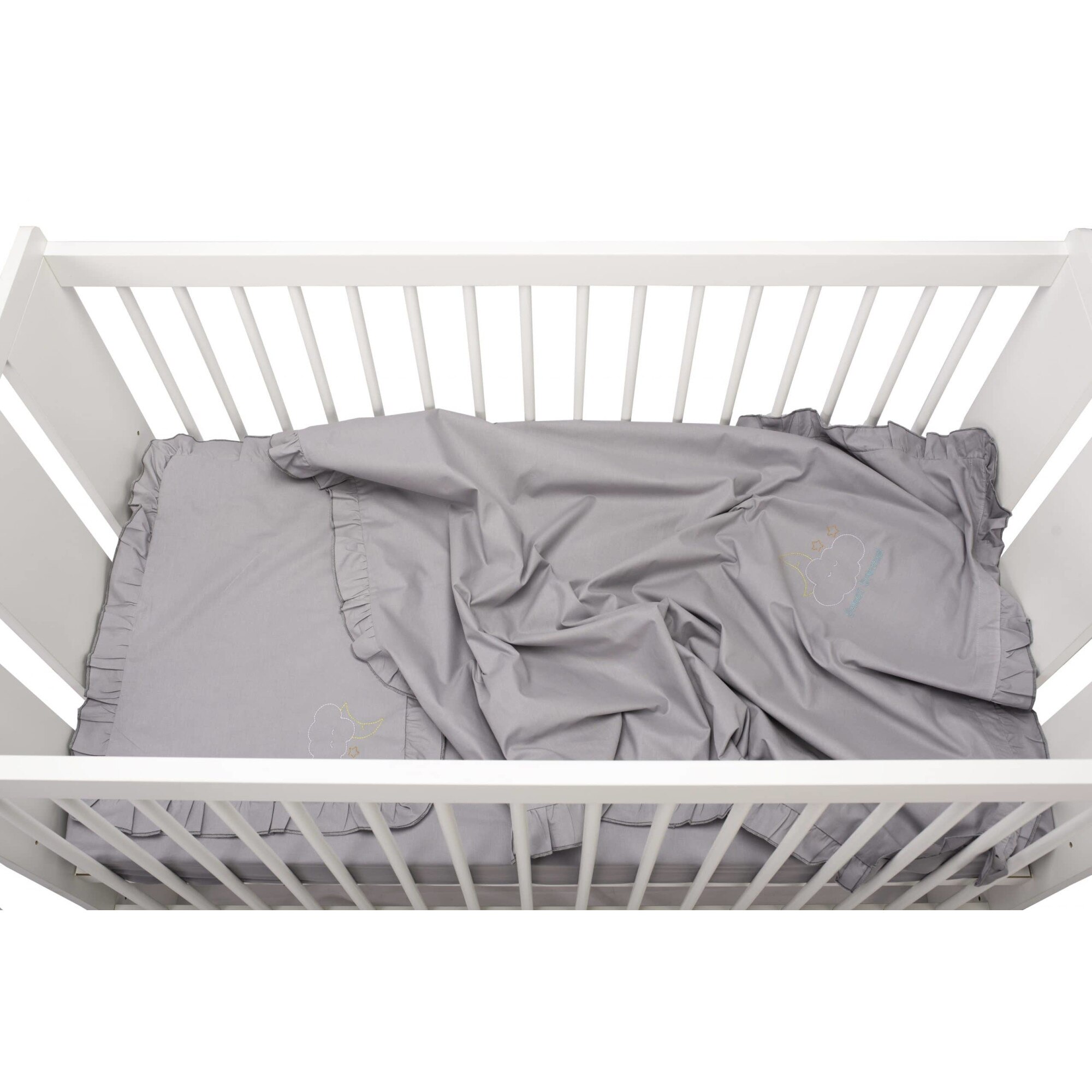 Set lenjerie pentru patut bebe 60x120cm Somnart, bumbac, brodata, cu volan, gri