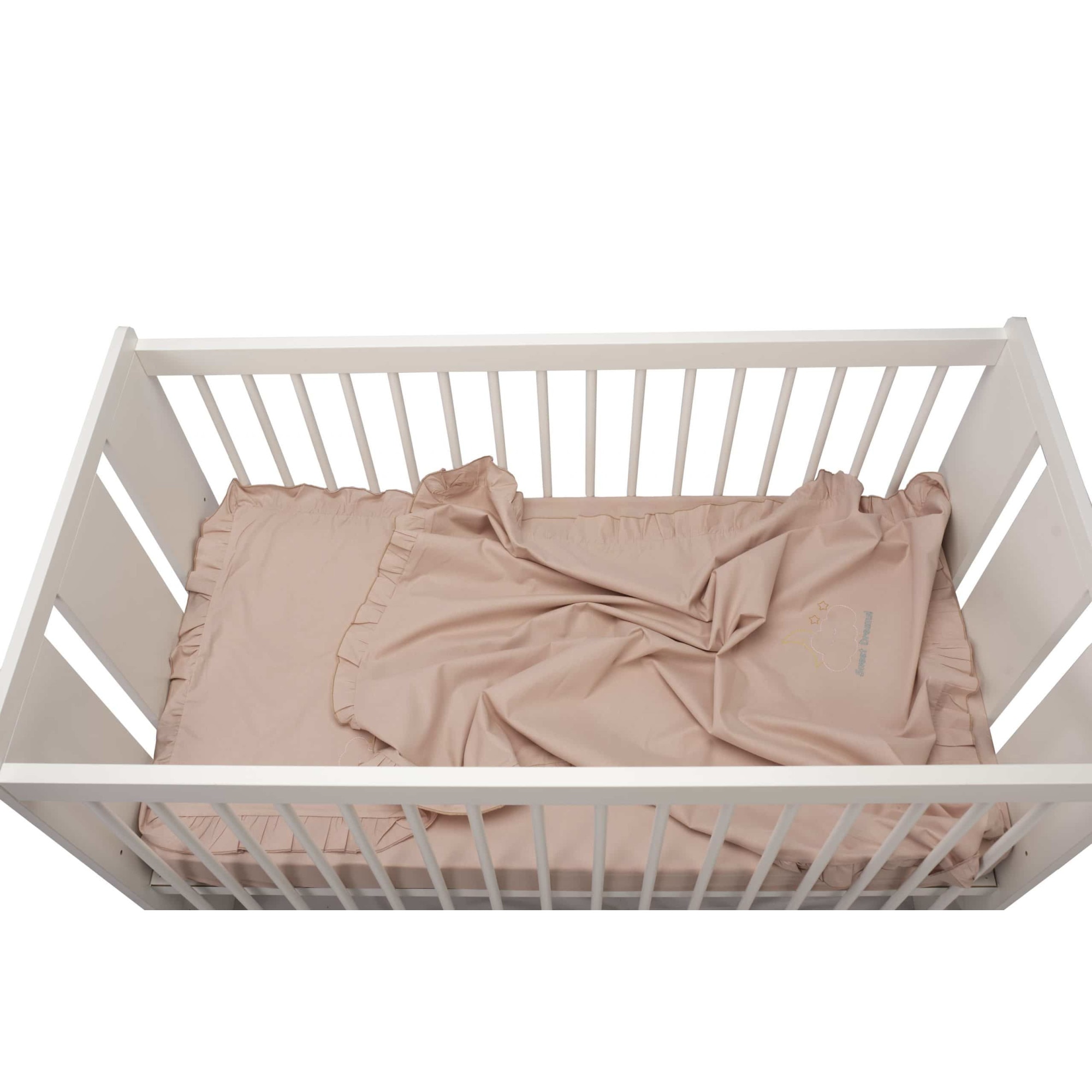 Set lenjerie pentru patut bebe 60x120cm Somnart, bumbac, brodata, cu volan, roz