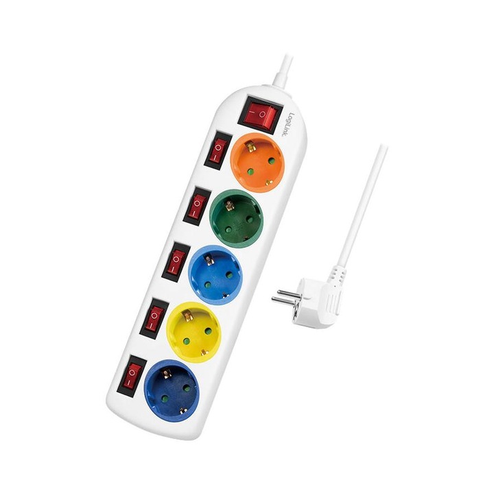 Удължител Logilink LPS258, 5 шуко гнезда, шуко връзка, кабел 1,5 м, 16 A, защита от деца, многоцветен