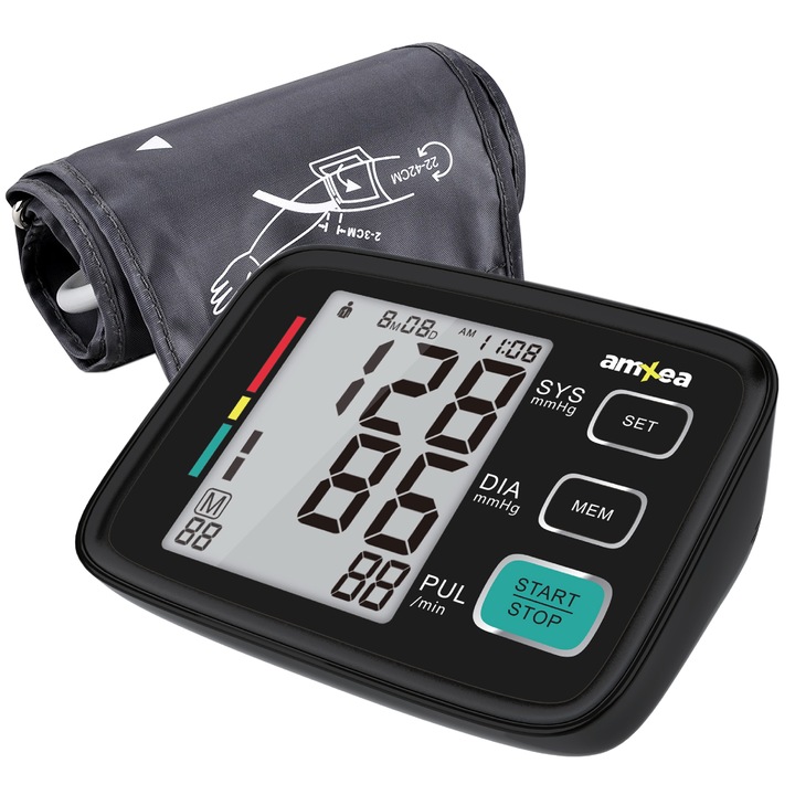 AmXea BM80EH elektromos karos vérnyomásmérő, 180 memória, szisztolés/diasztolés, mandzsetta 22-42 cm, fekete