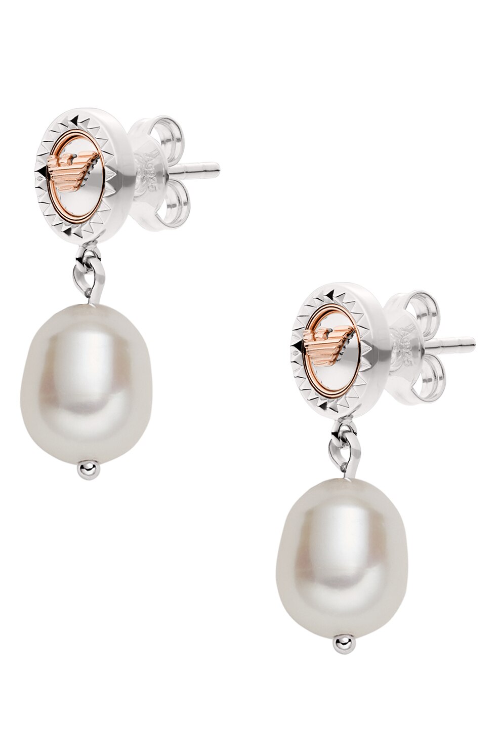 Emporio Armani, Cercei drop de argint veritabil cu perle de apa dulce, Argintiu/Alb