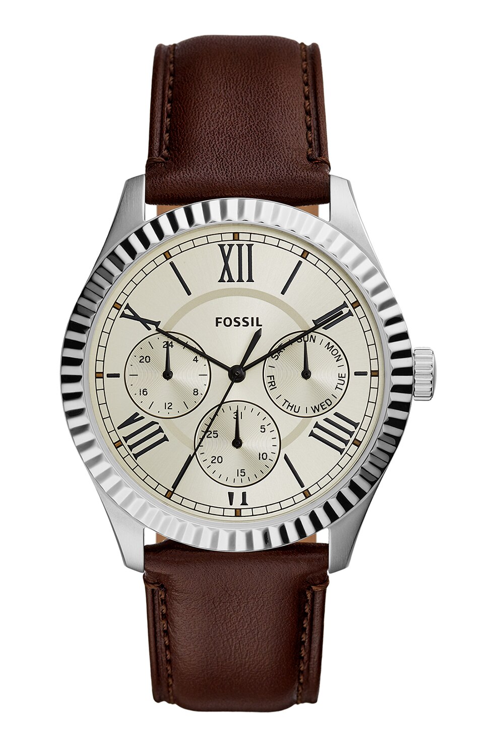 Fossil, Ceas cu functii multiple si curea de piele, Maro inchis