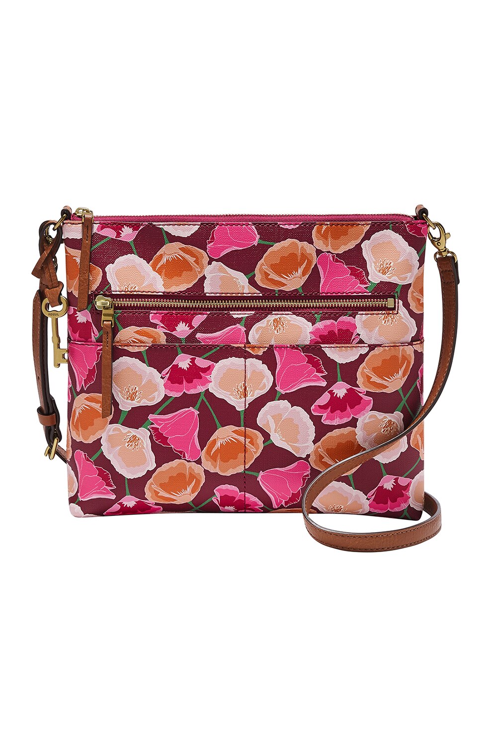 Fossil, Geanta crossbody de piele ecologica cu model floral Fiona, Rosu Bordeaux/Roz/Maro