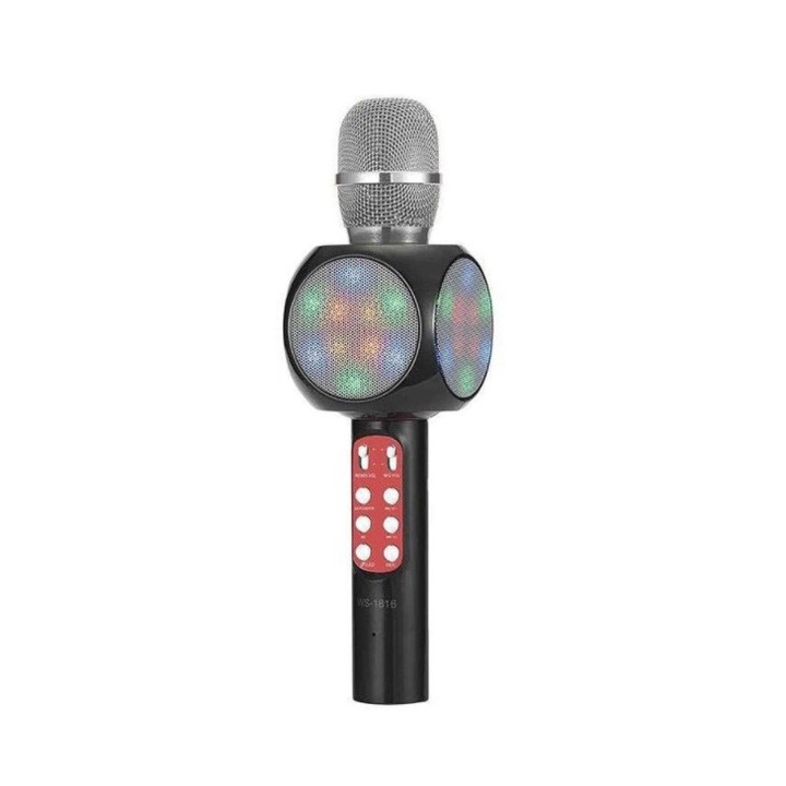 Microfon karaoke Bluetooth, FM, difuzor 3W, USB, slot SD, iluminat LED, negru, viMAG ®