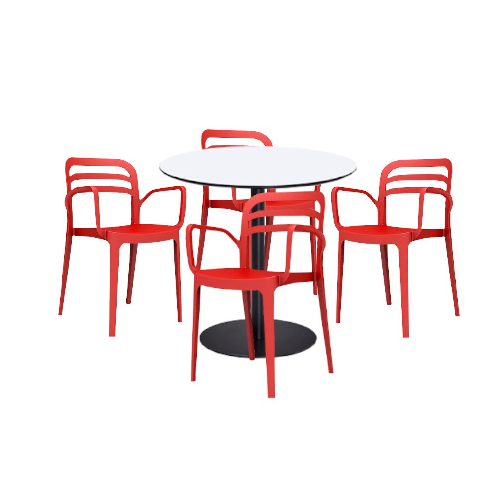 Set mobilier dining bucatarie RAKI masa rotunda cu blat MDF melaminat 80x75cm cu 4 scaune Aspendos rosii