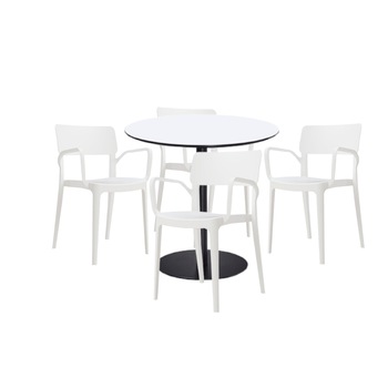 Set mobilier dining bucatarie RAKI masa rotunda cu blat MDF melaminat 80x75cm cu 4 scaune Panora albe Set mobilier dining bucatarie RAKI masa rotunda cu blat MDF melaminat 80x75cm cu 4 scaune Panora albe