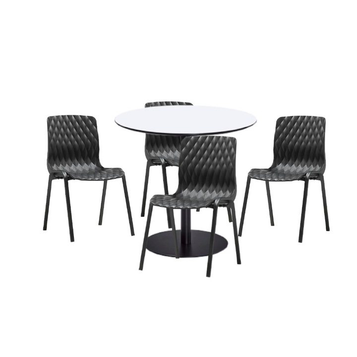 Set mobilier dining bucatarie RAKI masa rotunda cu blat MDF melaminat 80x75cm cu 4 scaune Royal negre