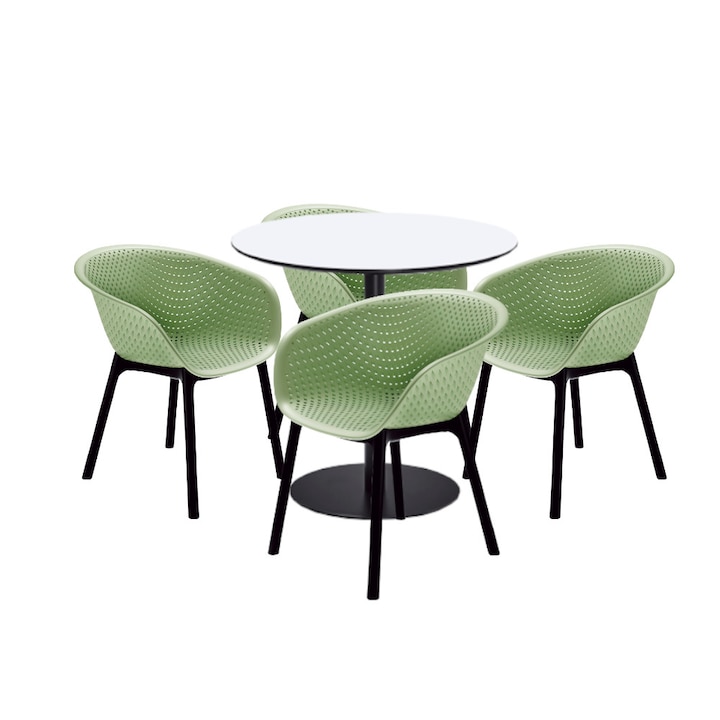 Set mobilier dining bucatarie RAKI masa rotunda cu blat MDF melaminat 80x75cm cu 4 scaune tip fotoliu HAVANA verde